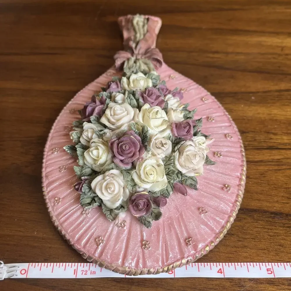 Ornate Pink Floral Handheld Vanity Mirror W/ Roses & Bow, Cottage Glam Whimsy